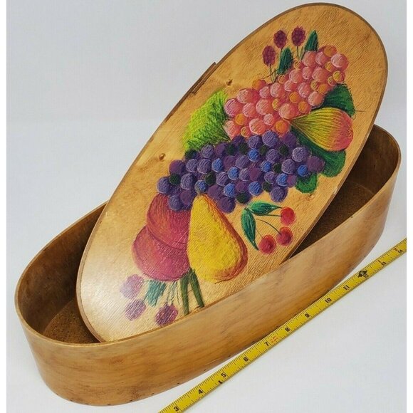Vintage Bamboo Oval Storage Box Hand Painted Fruit Design Signed 16" Tole Decor - Picture 1 of 10